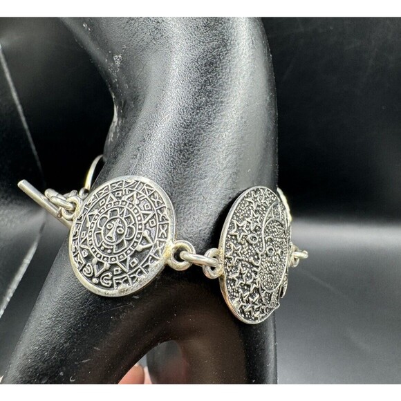 Artisan Mayan Aztec Link Bracelet Sterling 925 Mexico Signed 7 1/4" Enamel - Picture 5 of 10